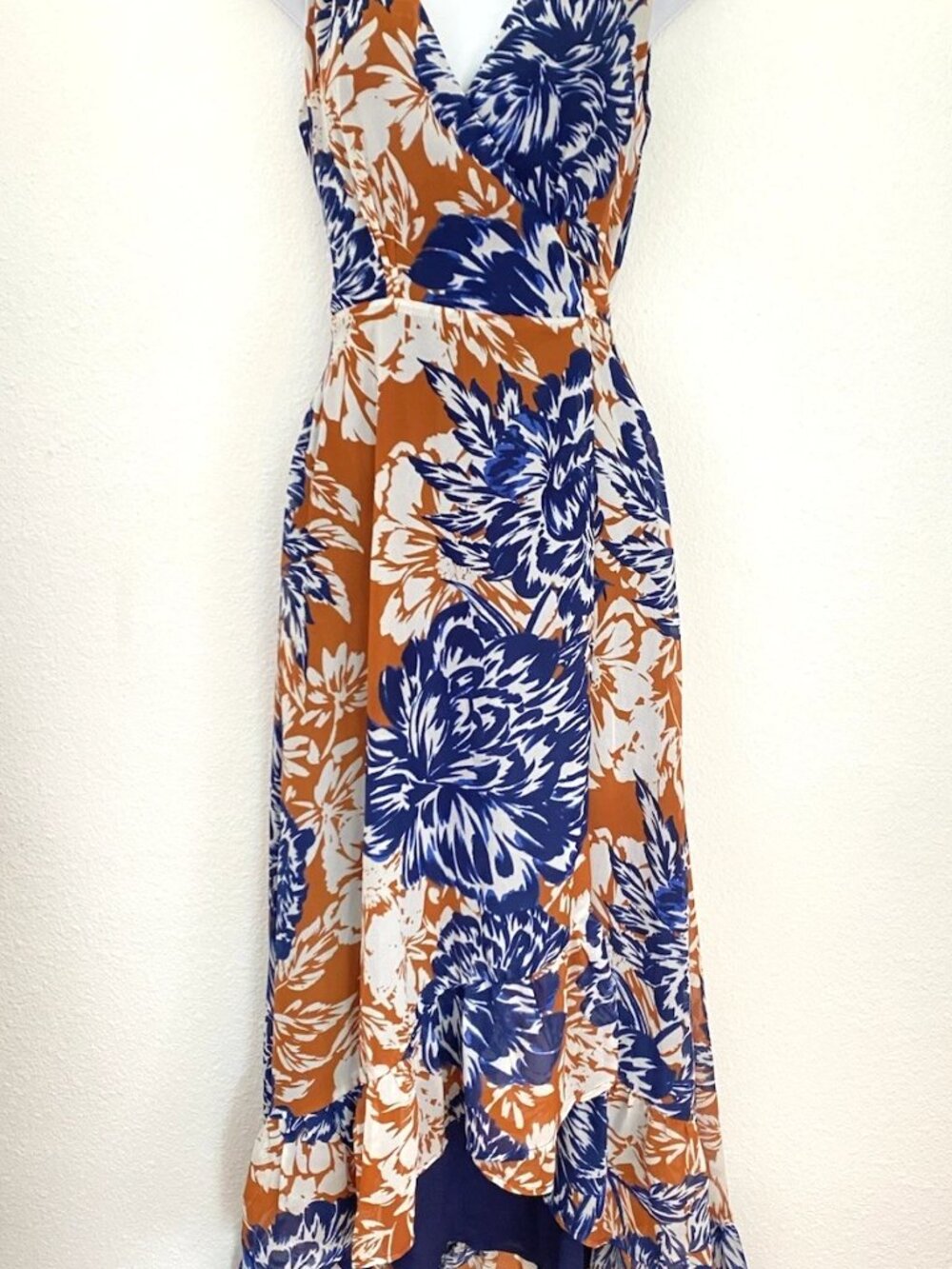 Lulus Size Large. Desert Trip Orange/Blue Chiffon Floral Wrap Maxi Dress NWT